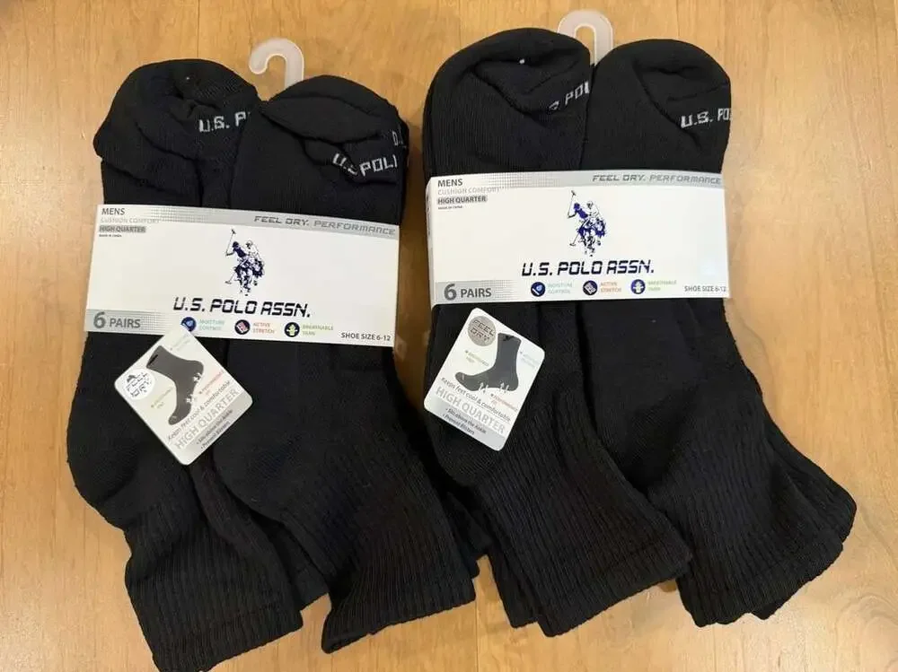 U.S. Polo Assn. High Quarter Socks Size 6-12 Black 6 Pairs, 2 packages